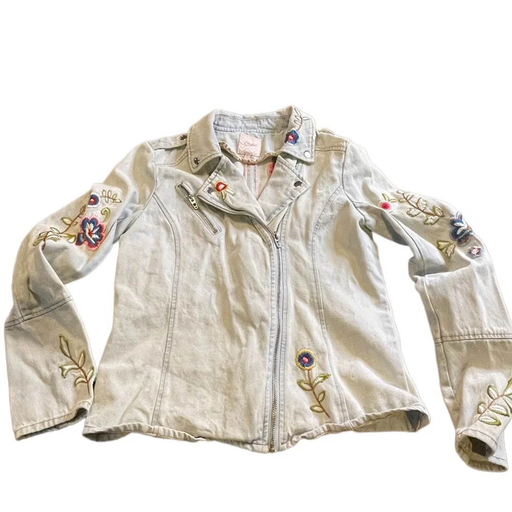 Vintage Candies Floral Embroidered Jean Jacket blue bird and flowers sz large - Picture 2 of 12